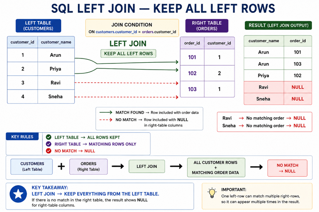 SQL LEFT JOIN — Keep All Left Rows