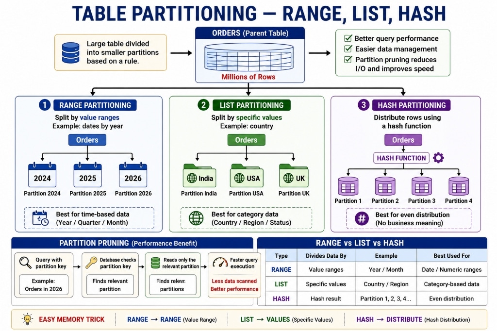 Table Partitioning — RANGE, LIST, HASH Strategies