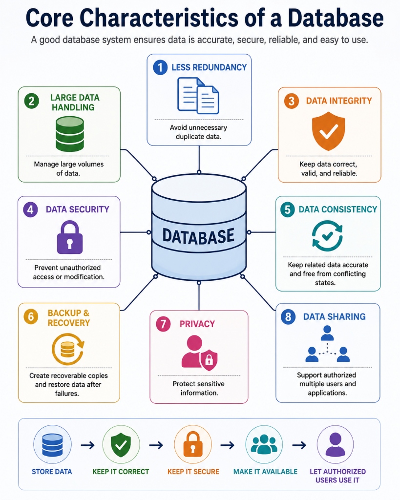 Core Characteristics of a Database: Less Redundancy, Large Data Handling, Integrity, Security, Consistency, Backup and Recovery, Privacy, and Data Sharing