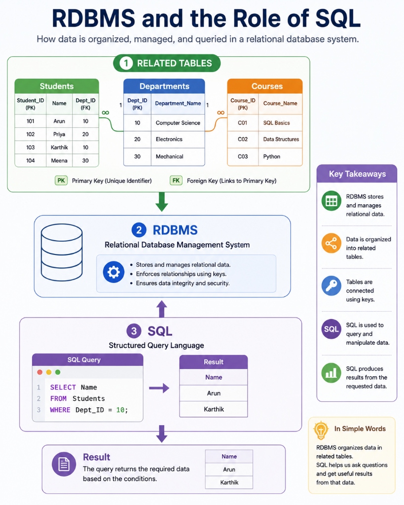 RDBMS and the Role of SQL: How data is organized, managed, and queried in a relational database system