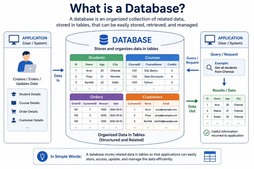What is a Database? An organized collection of related data stored in tables that can be easily accessed, retrieved, and managed