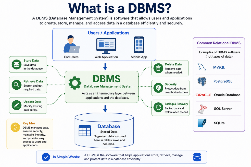 What is a DBMS? Database Management System software layer connecting users and applications to stored database data with core capabilities and relational engines