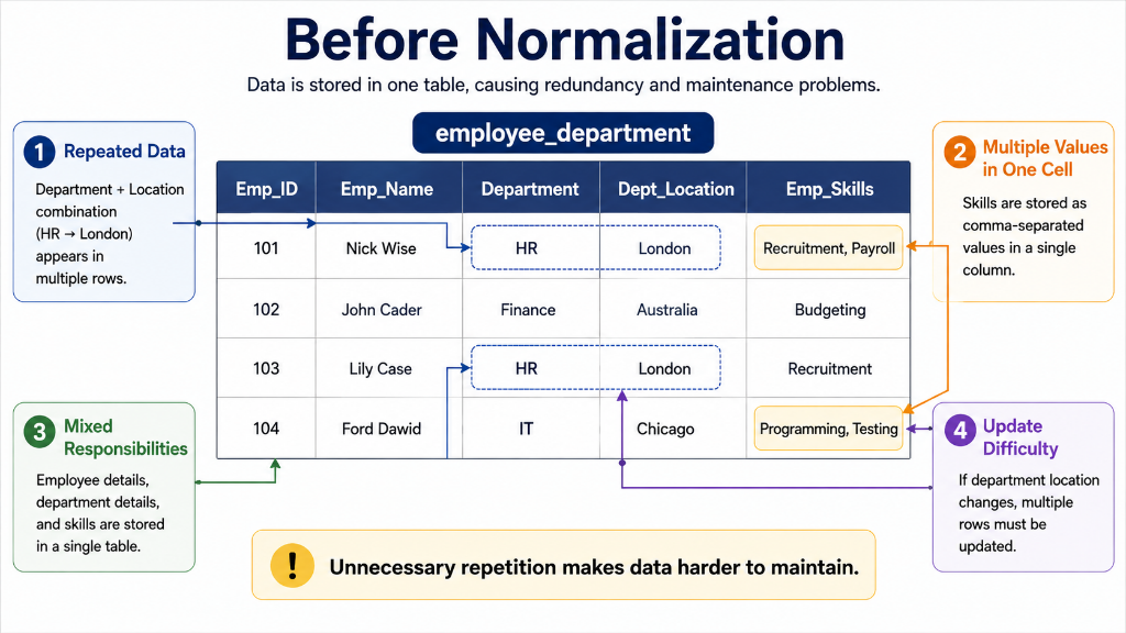 Before Normalization: Data is stored in one table, causing redundancy and maintenance problems