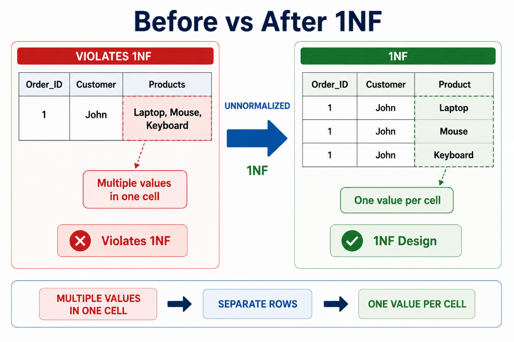 Before vs After 1NF: Multiple values in one cell converted to one value per cell
