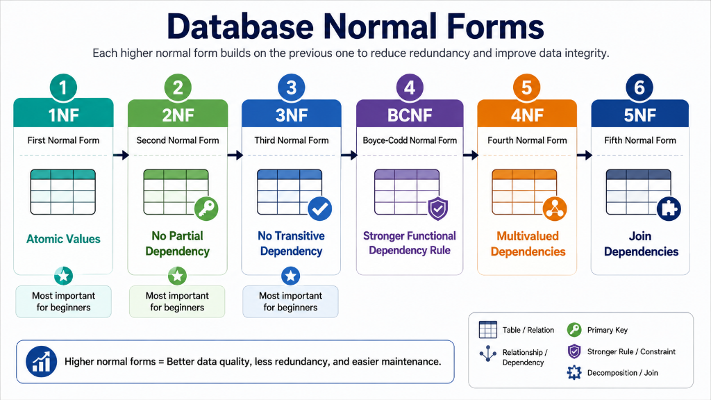 Database Normal Forms: 1NF to 5NF progression with core principles