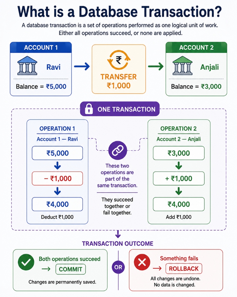 What is a Database Transaction? Bank transfer example demonstrating multiple operations treated as one logical unit of work ending in COMMIT or ROLLBACK