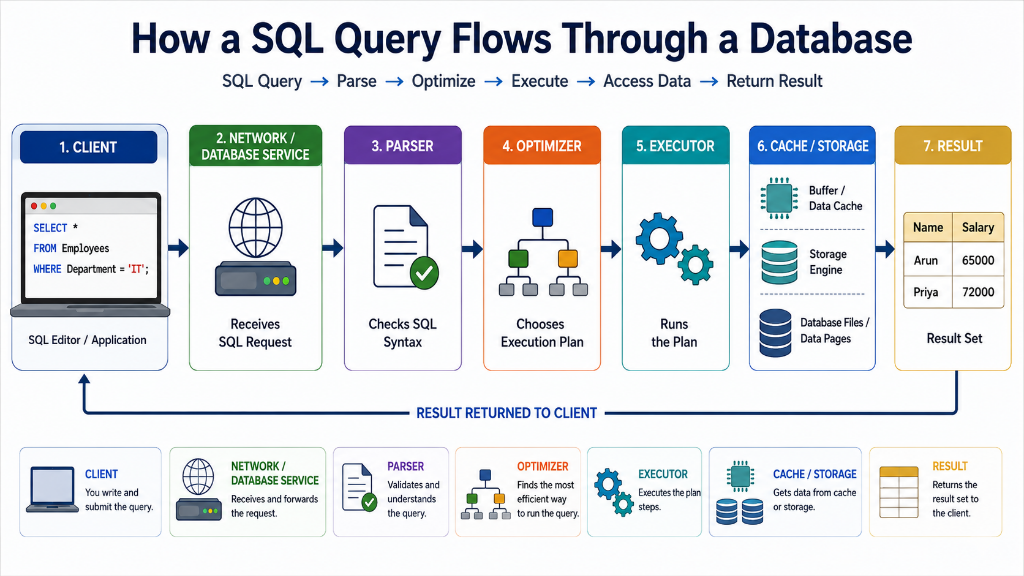 How a SQL Query Flows Through a Database: Client, Network, Parser, Optimizer, Executor, Cache/Storage, Result