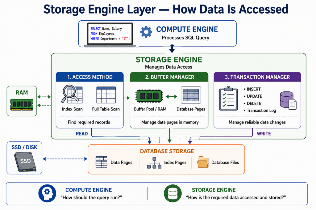 Storage Engine Layer — How Data Is Accessed: Compute Engine, Storage Engine (Access Method, Buffer Manager, Transaction Manager), Database Storage