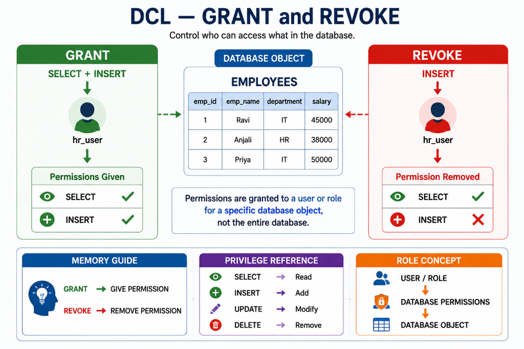 DCL — GRANT and REVOKE: Control who can access what in the database
