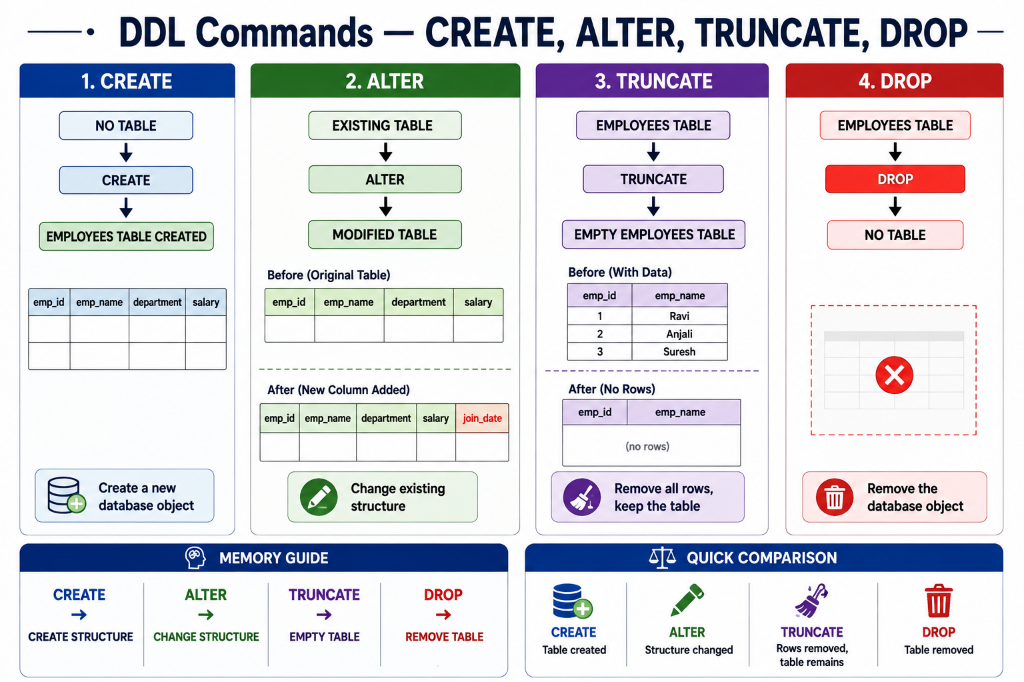 DDL Commands: CREATE (create new database object), ALTER (change existing structure), TRUNCATE (remove all rows, keep table), DROP (remove database object)