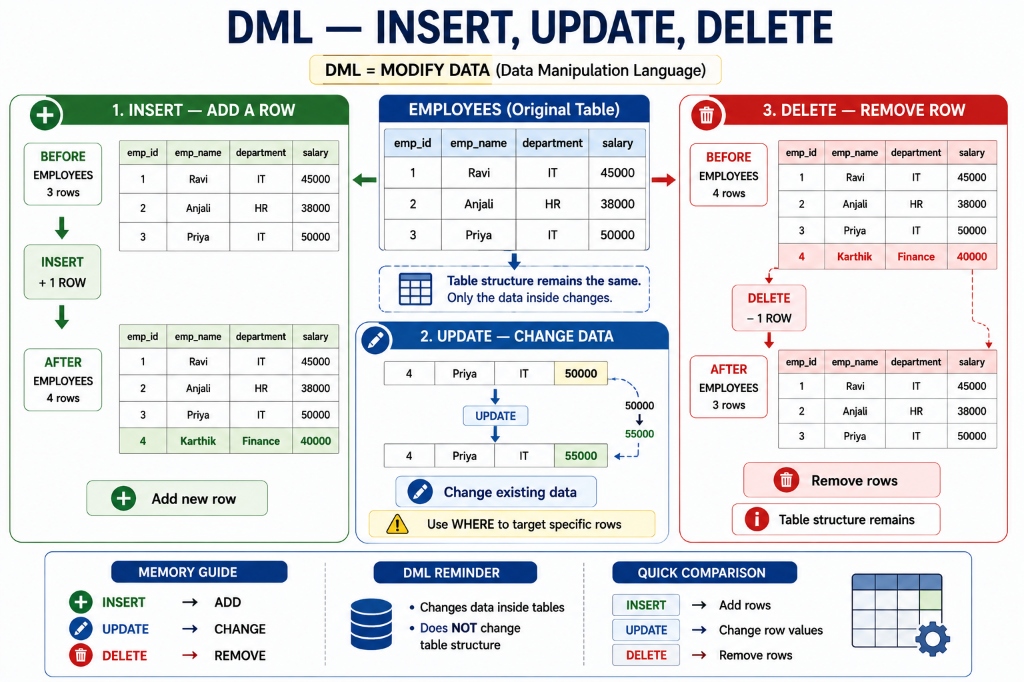 DML — INSERT, UPDATE, DELETE: Modify Data inside tables