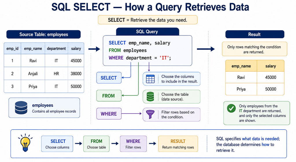 SQL Command Types: DDL (Structure), DML (Data), DQL (Retrieve), DCL (Access), TCL (Transactions)
