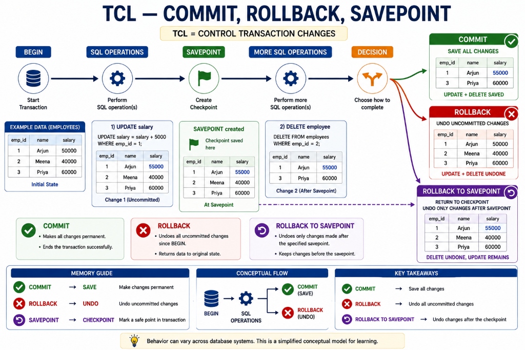 TCL — COMMIT, ROLLBACK, SAVEPOINT: Control Transaction Changes
