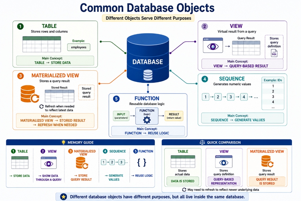 Common Database Objects: Table, View, Materialized View, Sequence, and Function