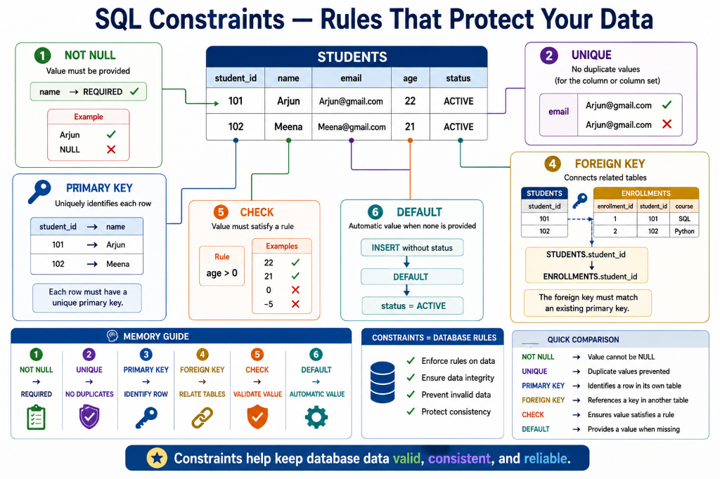 SQL Constraints: NOT NULL, UNIQUE, PRIMARY KEY, FOREIGN KEY, CHECK, and DEFAULT rules on Students and Enrollments tables