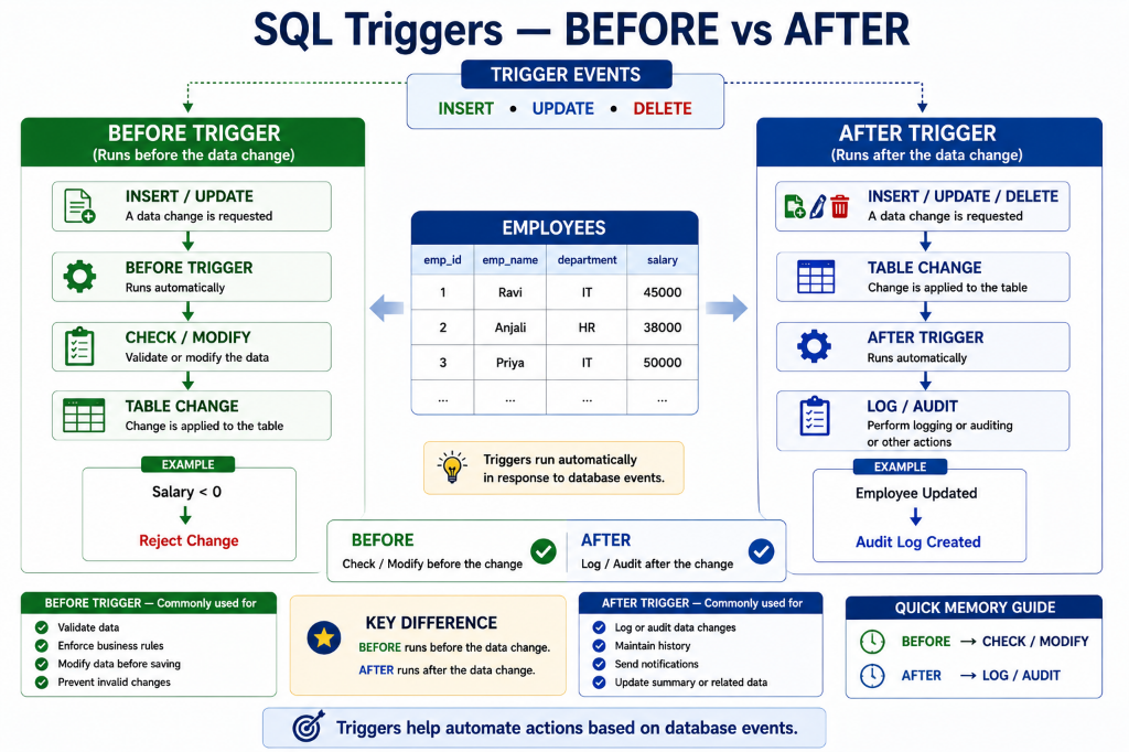SQL Triggers — BEFORE vs AFTER: Automatic Database Actions