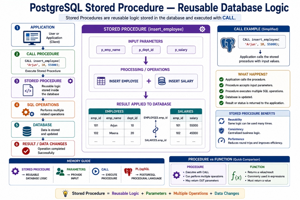 PostgreSQL Stored Procedure: Reusable Database Logic executed with CALL