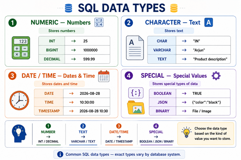 SQL Data Types: Numeric, Character, Date/Time, and Special Categories