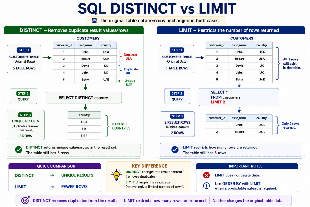 SQL DISTINCT vs LIMIT: Removing duplicate result rows vs restricting row counts