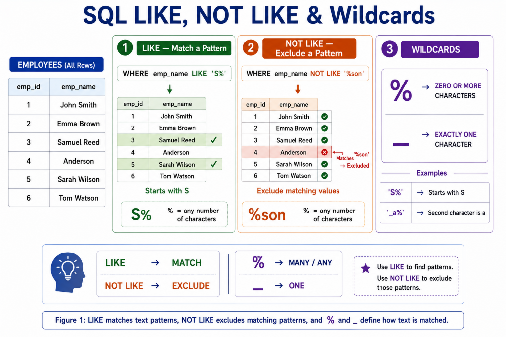 SQL LIKE, NOT LIKE & Wildcards: Matching and excluding text patterns
