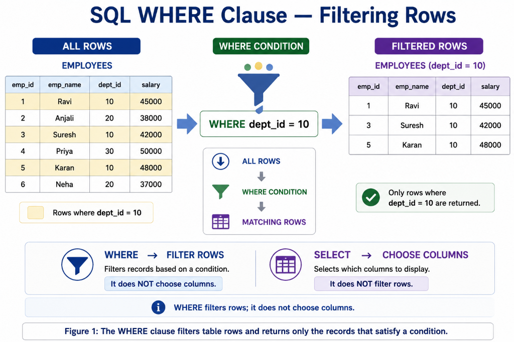 SQL WHERE Clause — Filtering Rows based on conditions