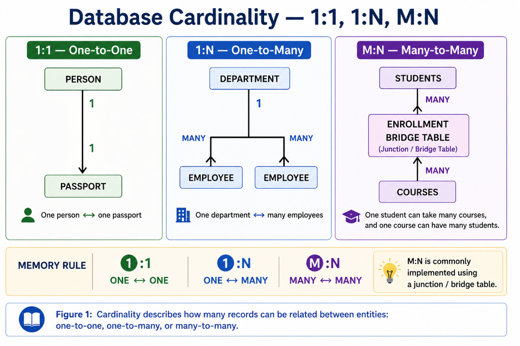 Database Cardinality: 1:1, 1:N, M:N relationships